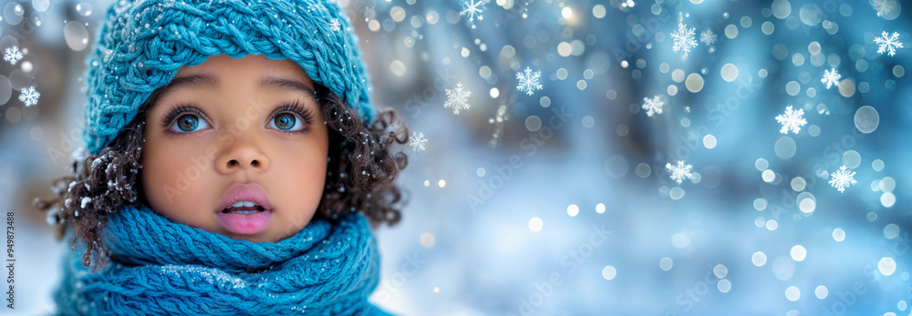 Snow winter child. African american girl. Happy black kid. Cold outside portrait. Cute toddler, family fun holiday. Small african girl in snow forest. White winter banner banner, black kid with smile Snow winter child. African american girl. Happy black kid. Cold outside portrait. Cute toddler, family fun holiday. Small african girl in snow forest. White winter banner banner, black kid with smile