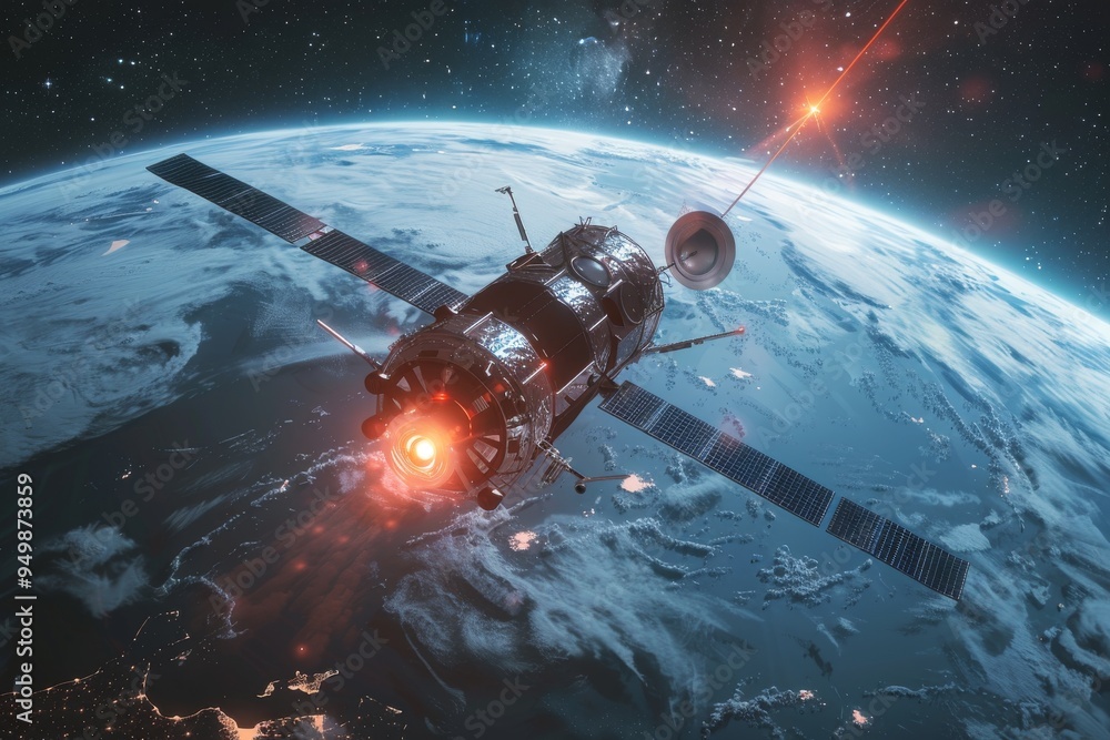 An artistic depiction of a satellite orbiting in the vastness of space, showcasing its intricate design and celestial backdrop, A futuristic military satellite monitoring enemy movements from space An artistic depiction of a satellite orbiting in the vastness of space, showcasing its intricate design and celestial backdrop, A futuristic military satellite monitoring enemy movements from space