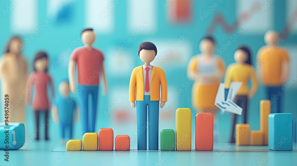 Obraz premium 44. HR data analysis, employee icons and statistical graphs, 3D illustration.