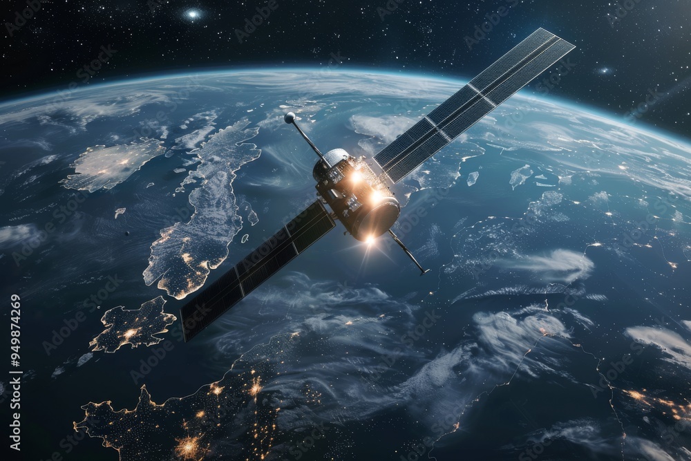 Obraz premium An artistic depiction of a satellite orbiting in the vastness of space, showcasing its intricate design and celestial backdrop, A futuristic military satellite monitoring enemy movements from space