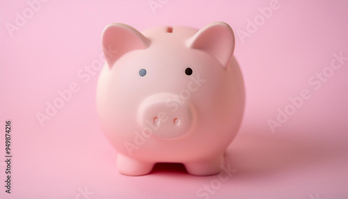 Cute ceramic piggy bank against pastel pink background. Finances, money and savings concept.