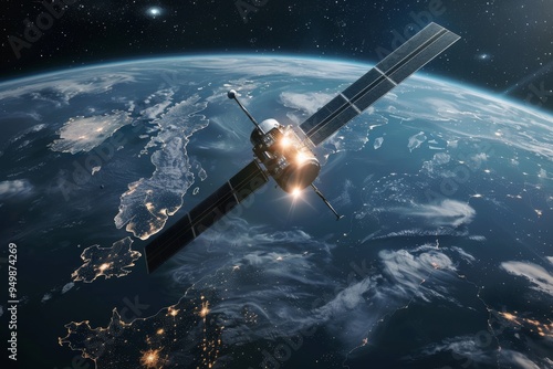 An artistic depiction of a satellite orbiting in the vastness of space, showcasing its intricate design and celestial backdrop, A futuristic military satellite monitoring enemy movements from space