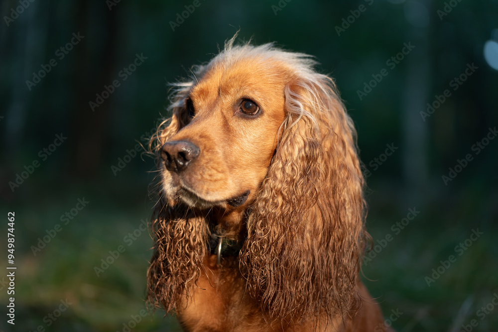Cocker spaniel angielski w rudym kolorze, portret w lesie. Cocker spaniel angielski w rudym kolorze, portret w lesie.