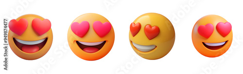 3D Realistic Rendering Set of Love Emoji Emoticons, Collection of 3D Render emoji collection with Red Heart Eyes. Smiling Emoji