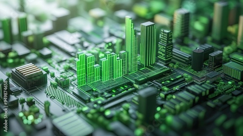 34. Energy consumption analysis, green bars and charts with icons, 3D illustration.