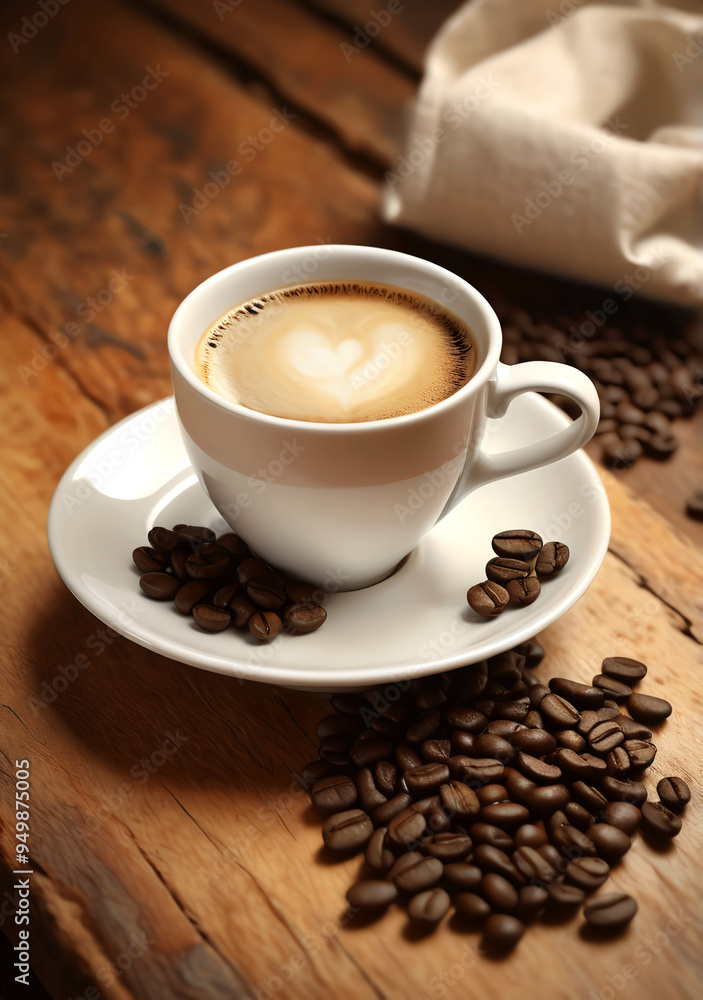 Caramel Color Coffee with heart icon in with cream In White Cup and White Plate Placed on A Wooden table & beans spread Caramel Color Coffee with heart icon in with cream In White Cup and White Plate Placed on A Wooden table & beans spread