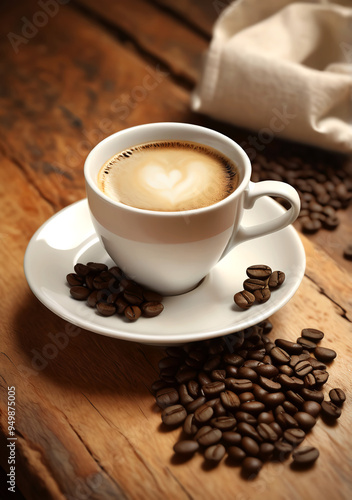 Caramel Color Coffee with heart icon in with cream In White Cup and White Plate Placed on A Wooden table & beans spread 