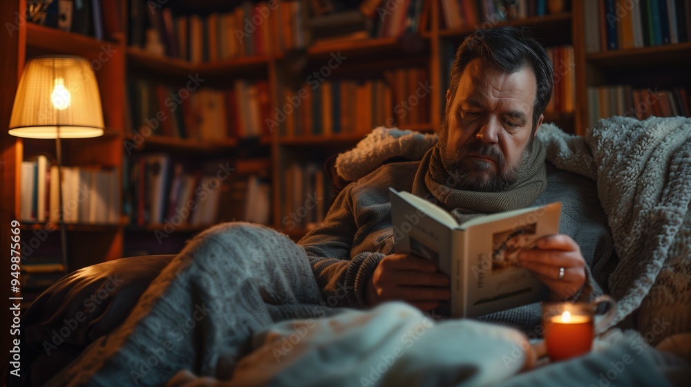 Man Relaxing with a Book in a Cozy, Candlelit Reading Nook Man Relaxing with a Book in a Cozy, Candlelit Reading Nook