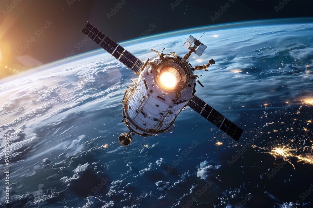 Obraz premium A futuristic military satellite monitoring enemy movements from space, AI generated