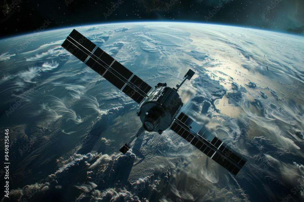 Obraz premium A futuristic military satellite monitoring enemy movements from space, AI generated