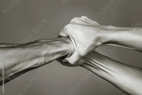 Hands of a man and a woman in a fight, greyscale photo