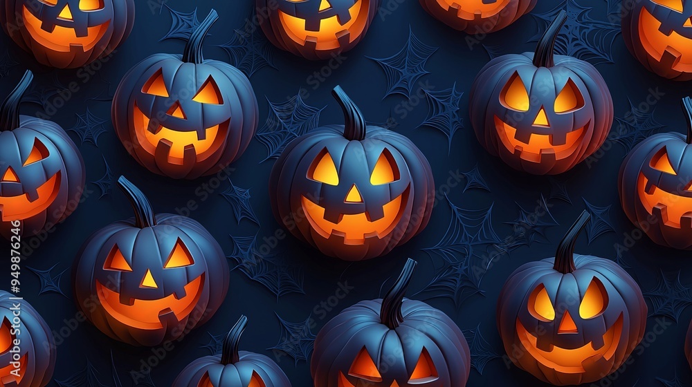This image presents glowing Jack-o'-lanterns amidst spiderwebs on a dark blue background, creating an eerie and festive atmosphere, perfect for Halloween-themed designs and decor. This image presents glowing Jack-o'-lanterns amidst spiderwebs on a dark blue background, creating an eerie and festive atmosphere, perfect for Halloween-themed designs and decor.