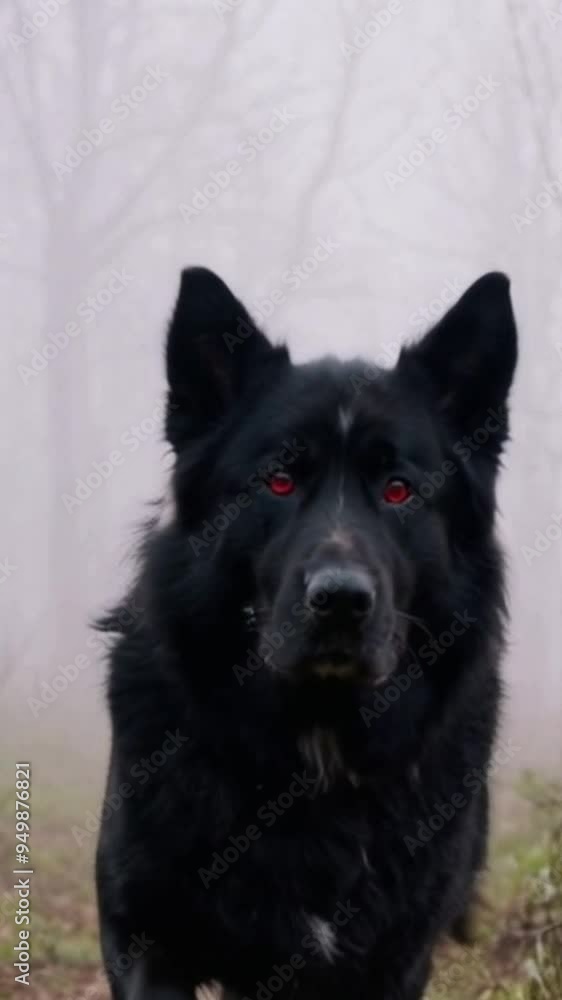 A mysterious black wolf emerges from the fog at dawn in a tranquil forest setting A mysterious black wolf emerges from the fog at dawn in a tranquil forest setting