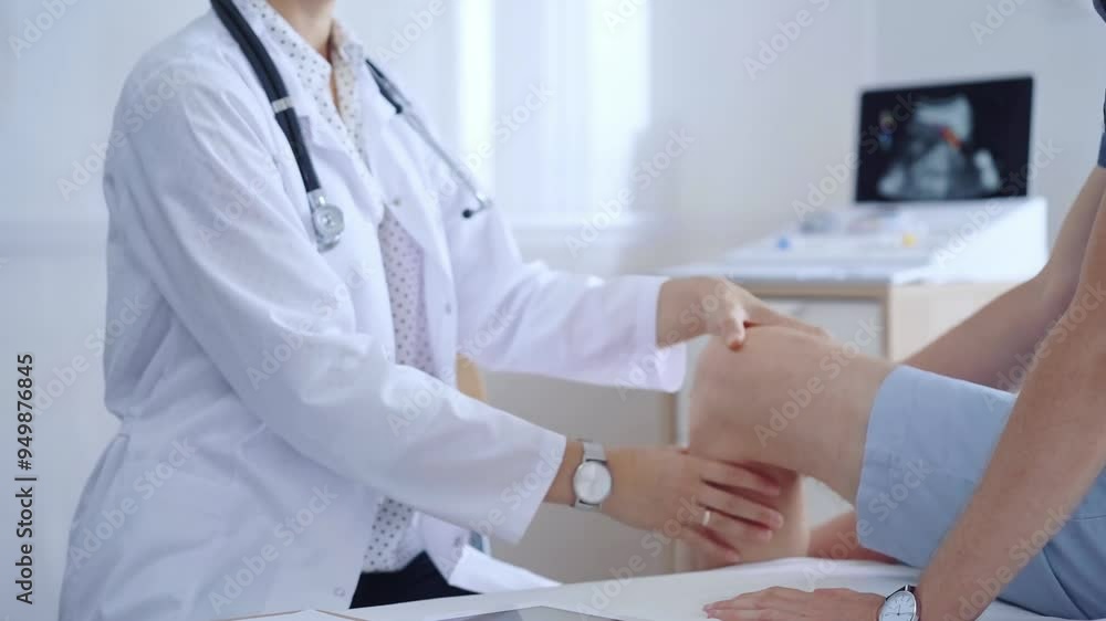Doctor is carefully examining a patient's knee, providing personalized care and support. Medicine and orthopedic concept Doctor is carefully examining a patient's knee, providing personalized care and support. Medicine and orthopedic concept