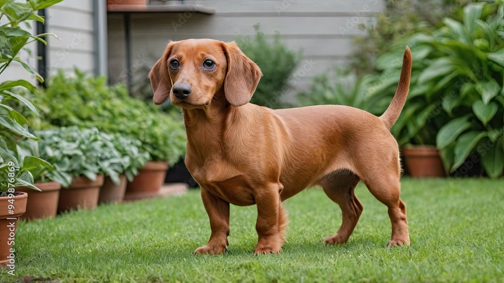 Red smooth haired dachshund dog in the garden Red smooth haired dachshund dog in the garden