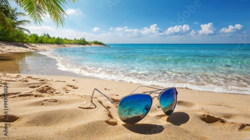 Sunglasses resting on the sand of a tropical beach on a sunny day