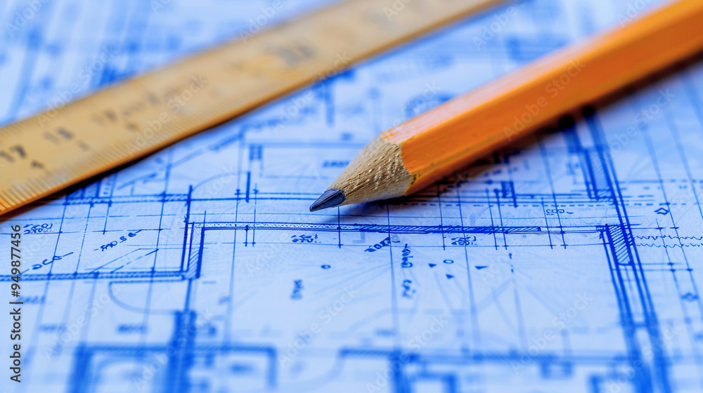 Close-up of a blueprint with detailed architectural drawings, with a ruler and pencil lying on top.
