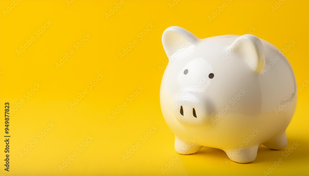 Cute white ceramic piggy bank against pastel yellow background. Finances, money and savings Cute white ceramic piggy bank against pastel yellow background. Finances, money and savings