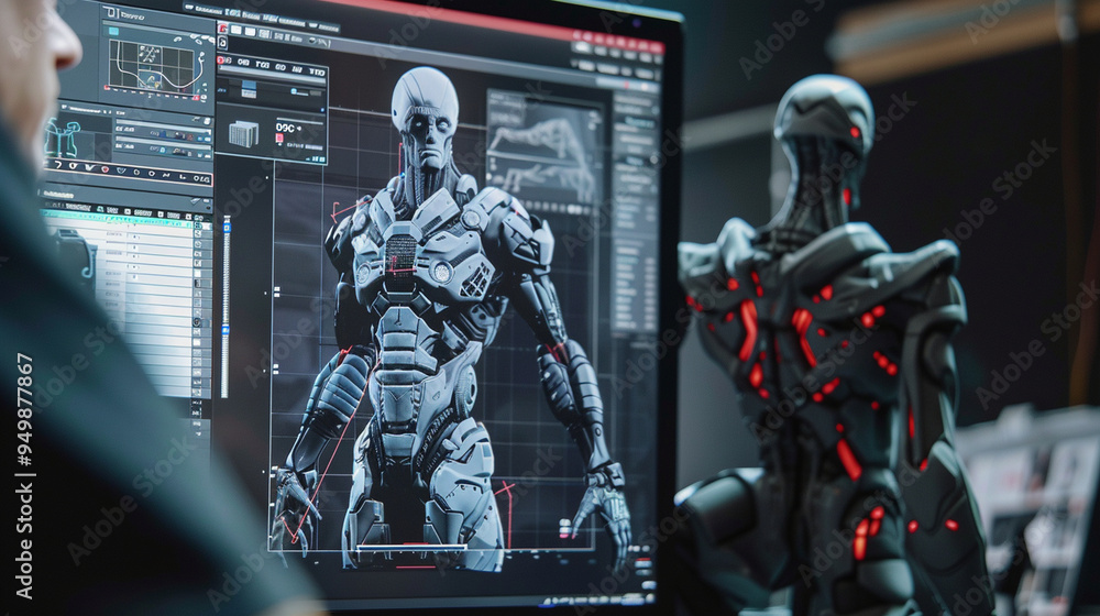 A close-up of a game developerâs screen showing a character model being designed in 3D software.