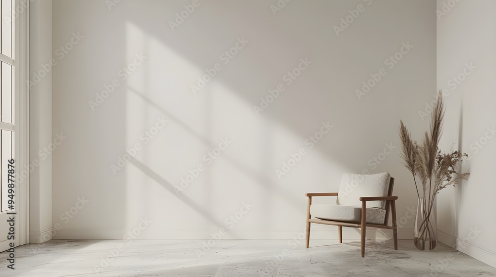 A Scandinavian-style interior features an empty wall and an armchair. Interior design that is minimalistic A Scandinavian-style interior features an empty wall and an armchair. Interior design that is minimalistic