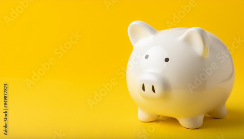 Cute white ceramic piggy bank against pastel yellow background. Finances, money and savings