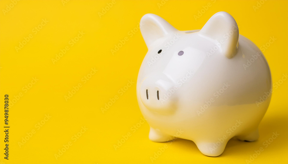 Cute white ceramic piggy bank against pastel yellow background. Finances, money and savings