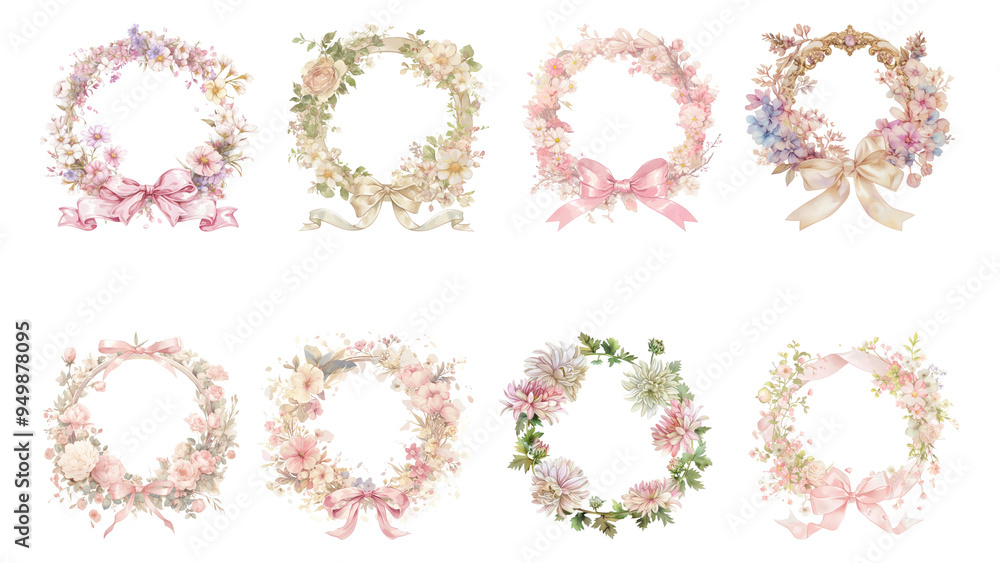 PNG watercolor flower frame element set, transparent background PNG watercolor flower frame element set, transparent background