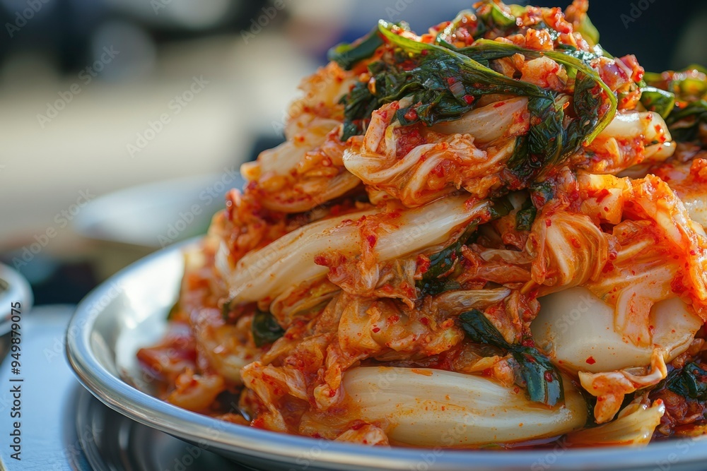 Close-up of Spicy Fermented Kimchi in a Metal Bowl Close-up of Spicy Fermented Kimchi in a Metal Bowl