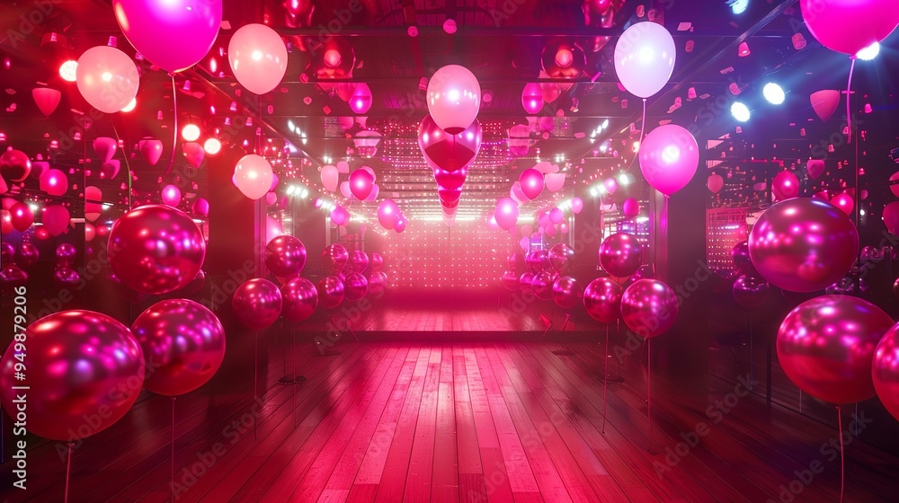 A realistic photo of a modern, luxury nightclub with valentine decoration, red and pink balloons everywhere A realistic photo of a modern, luxury nightclub with valentine decoration, red and pink balloons everywhere
