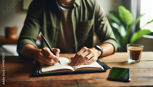 A person is writing in a notebook on a wooden table, with a smartphone and a glass of drink beside him.
