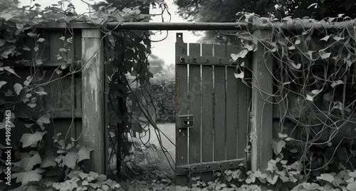 a black-and-white image of an old, rusted gate partially open in the middle of an overgrown garden