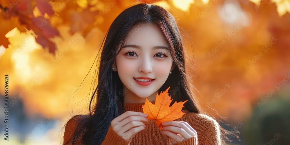 Handsome beautiful asian girl model in the fall season autumn landscape sunny day, trees and leaves background, with maple leaf in her hands Handsome beautiful asian girl model in the fall season autumn landscape sunny day, trees and leaves background, with maple leaf in her hands