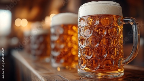 A Bavarian woman cheerfully serves beer to guests during a festive gathering in a rustic beer hall, capturing the spirit of local traditions.