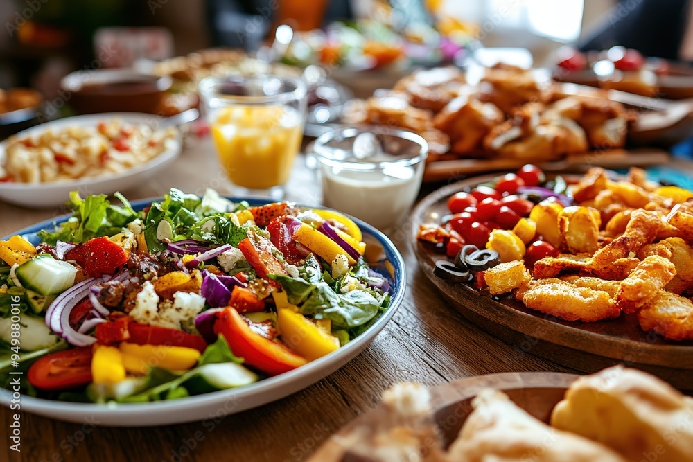 A bountiful spread featuring a bowl of fresh salad with vegetables and a wooden platter with crispy fried chicken, cherry tomatoes, and sauces set on a rustic wooden table. A bountiful spread featuring a bowl of fresh salad with vegetables and a wooden platter with crispy fried chicken, cherry tomatoes, and sauces set on a rustic wooden table.