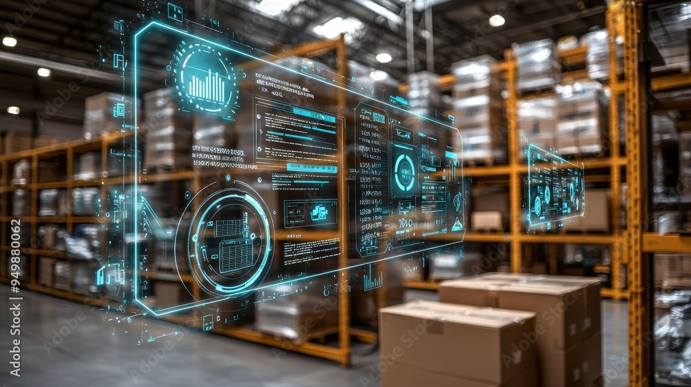 Futuristic warehouse with digital interface overlay showcasing inventory management and data analytics in action. Futuristic warehouse with digital interface overlay showcasing inventory management and data analytics in action.