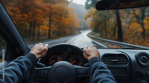 The point-of-view perspective from a driving car on a highway captures the sense of motion and travel