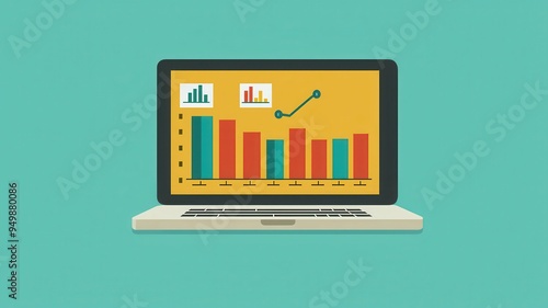 Minimalistic laptop displaying colorful bar graphs and charts, perfect for data analysis and business presentations.