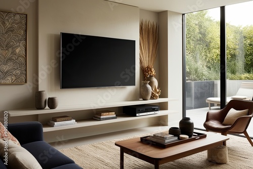 Sleek Wall Mounted TV with Stylish Decor in a Cozy Living Room Setup