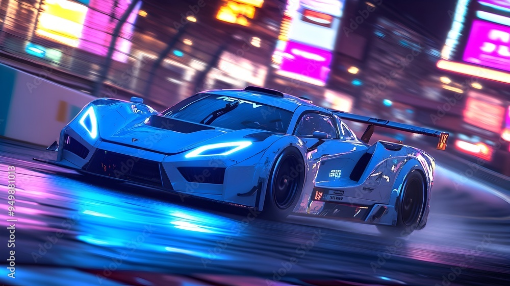 Futuristic Racing Car On Neon Lit City Night Track Futuristic Racing Car On Neon Lit City Night Track
