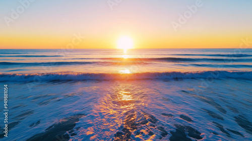 The calm waves meet the shore as they stretch towards the rising sun, blending mindfulness, physical well-being, and freedom. Love, Care, Development, Freedom