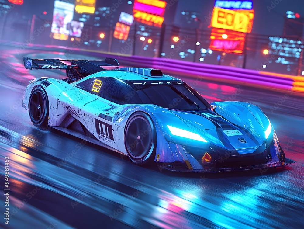 Futuristic Neon Lit Racing Car Surging Through the Night City Futuristic Neon Lit Racing Car Surging Through the Night City