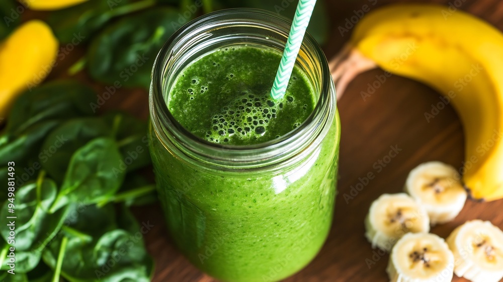 Closeup of fresh green smoothie in a glass jar with a straw surrounded by spinach and bananas on a wooden table Closeup of fresh green smoothie in a glass jar with a straw surrounded by spinach and bananas on a wooden table