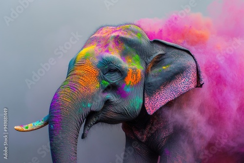 Elephant Covered in Holi Colors photo