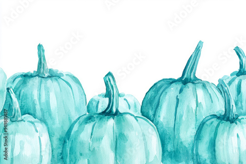 Watercolor Painting of Teal Pumpkins on White Background