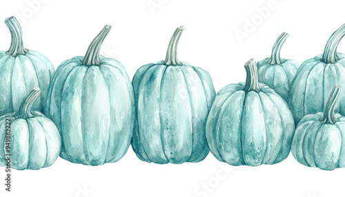 Watercolor Illustration of Teal Pumpkins in a Row