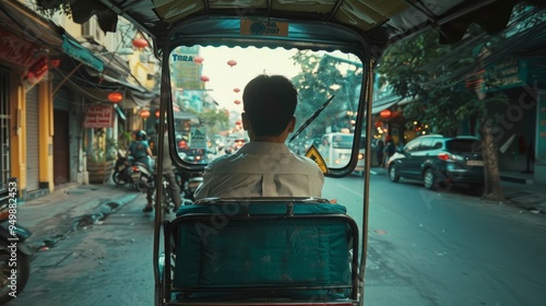 Rear view of a man driving a tuk tuk through a busy city street. photo