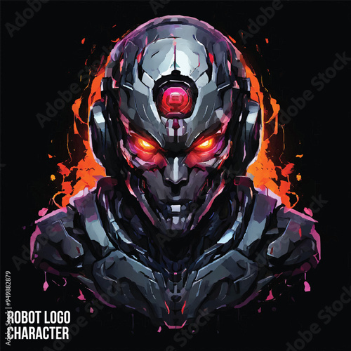 Artificial bot, hand mascot, human and chatbot, intelligence space, artificial AI support technology. symbol sign head logo icon strong villain eyes robot iron man 3d metal style future art metallic.