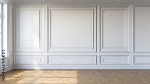 Room interior with white classic wall panel and wooden floor. Light background with luxury elegant molding frames. generative ai