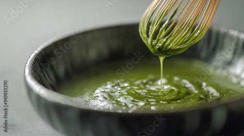 A whisk is mixing bright green matcha tea, creating a frothy texture in a black bowl, demonstrating the preparation of a traditional Japanese beverage. photo