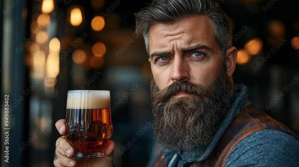 A man with a beard is holding a glass of beer A man with a beard is holding a glass of beer